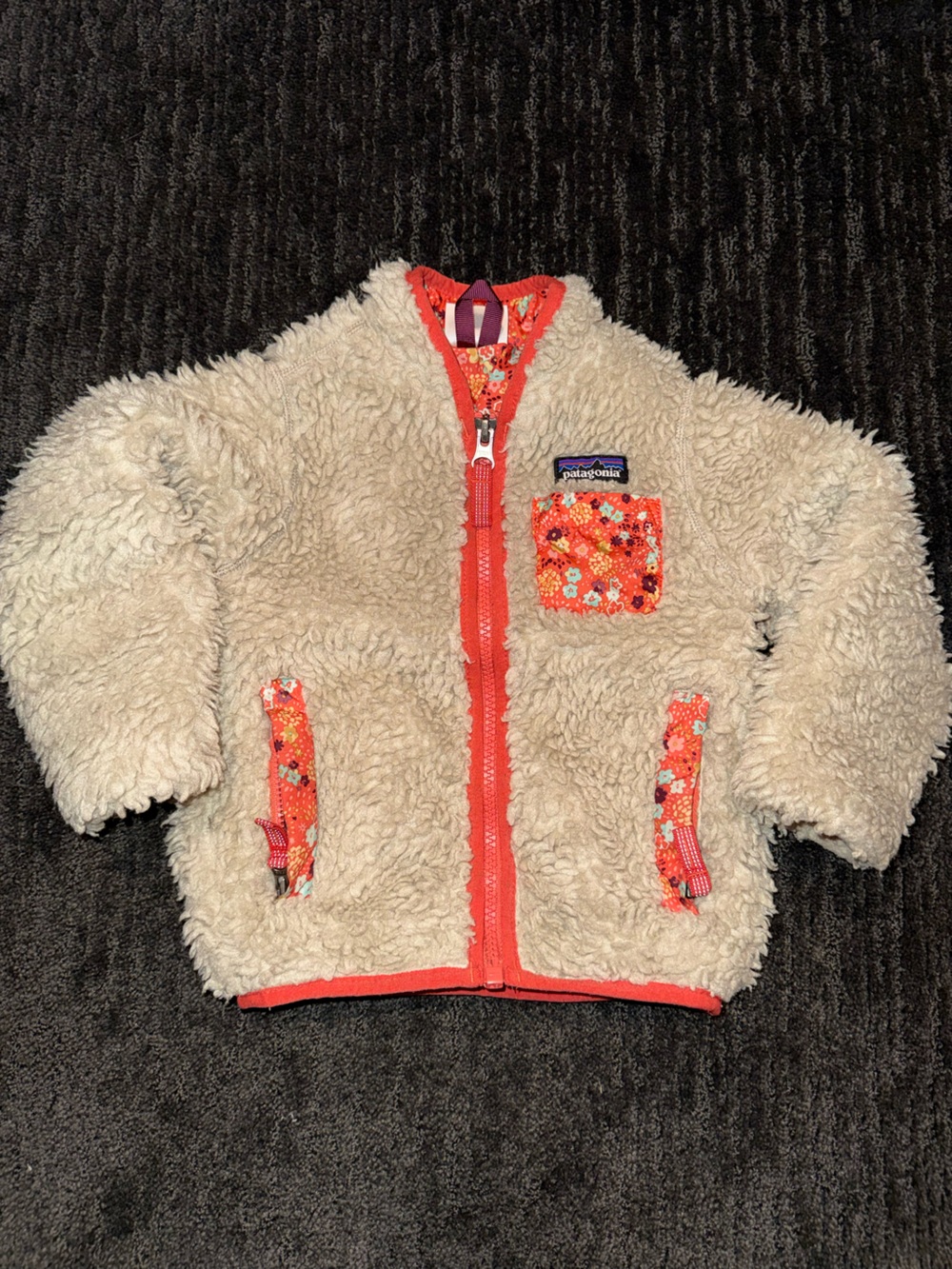 Patagonia Cream Sherpa Jacket with Coral Floral Trim